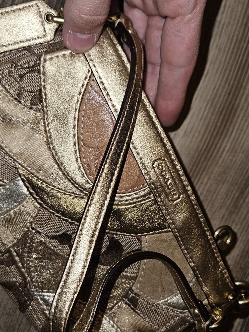 Coach Metallic Patchwork Shoulder Bag in Gold/Brown - Picture 4 of 5
